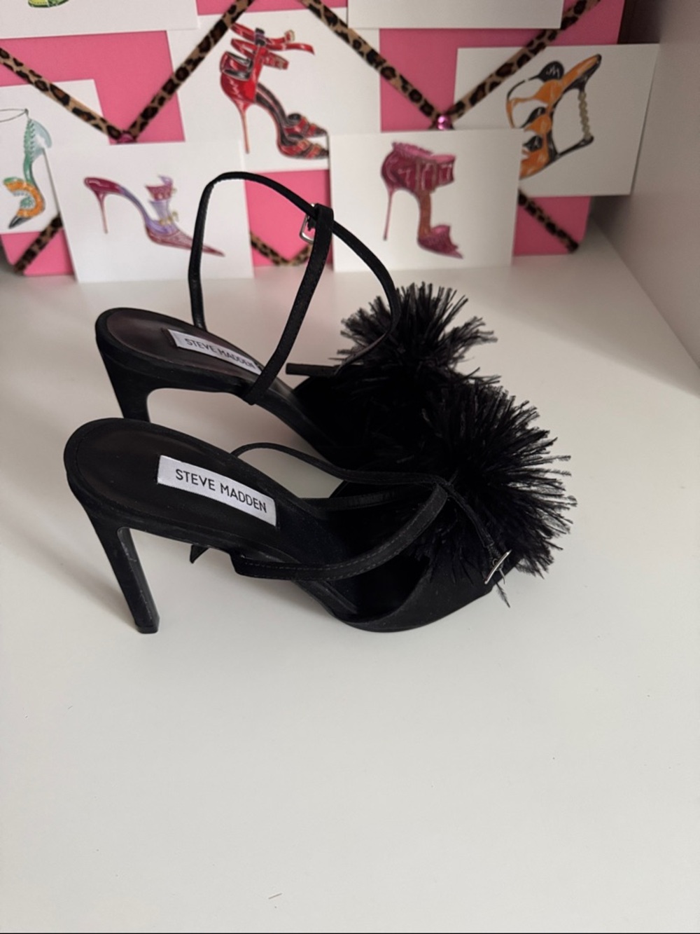 Steve Madden Black Pom-Pom Strappy Heels - Picture 4 of 4